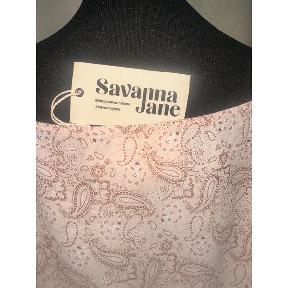 Savanna Jane Paisley Ruched Front Ruffle Blouse Pink  Boho Balloon Sleeve NEW-L - Picture 7 of 7